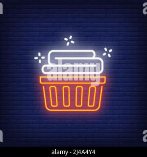 Basket with clean linen neon sign. Laundry and housework concept. Advertisement design. Night bright neon sign, colorful billboard, light banner. Vect Stock Vector