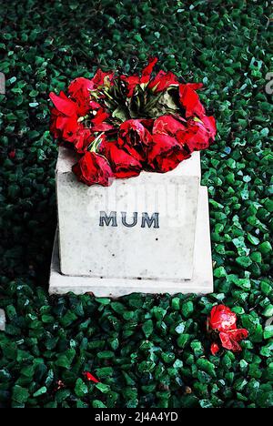 Digital art of grave with the words Mum & wreath of dying flowers, illustrating loss, grief, death, Covid-19, losing family, coping with loss & dying. Stock Photo