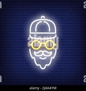 Bearded hipster neon sign. Luminous signboard with man in cap and sunglasses. Night bright advertisement. Vector illustration in neon style for fashio Stock Vector