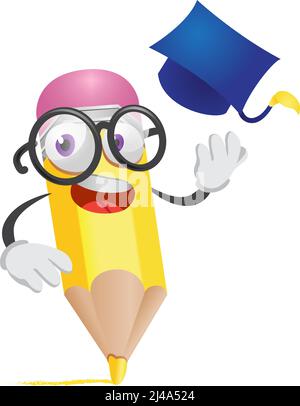 Cartoon pencil realistic vector illustration. Glasses, graduation cap, cute character. Elementary school concept. Design element for banners, posters, Stock Vector