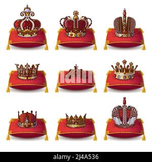 Crowns of kings and queen collection on red pillows with yellow tassels isolated vector illustation Stock Vector