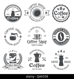 Coffee emblem set with premium beams coffee house and coffee shop descriptions vector illustration Stock Vector