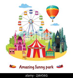 Amusement park colorful composition with extreme and adventure entertainments on natural landscape background vector illustration Stock Vector