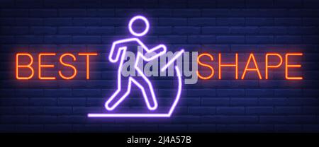 Best shape neon sign. Glowing bar lettering and man on treadmill on brick background. Night bright advertisement. Vector illustration in neon style fo Stock Vector