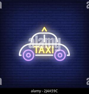 Cab neon sign. White car with taxi inscription on doors. Night bright advertisement. Vector illustration in neon style for public transport and taxi s Stock Vector