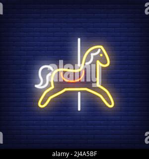 Carousel horse neon sign. Yellow animal seat on dark blue brick wall. Night bright advertisement. Vector illustration in neon style for amusement park Stock Vector