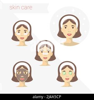 Skin care routine simple woman face with a different facial procedures banner vector illustration flat design concept Stock Vector