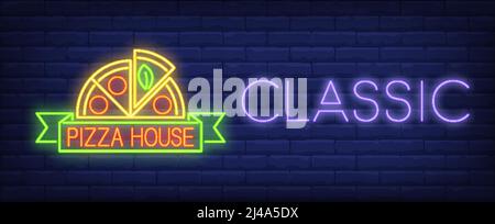 Classic pizza house neon sign. Half of pizza with ribbon on brick wall background. Vector illustration in neon style for traditional Italian restauran Stock Vector