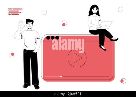 Blogger live streaming broadcast flat vector illustration concept. Male and female social media network bloggers collaboration vloggers Interview podc Stock Vector