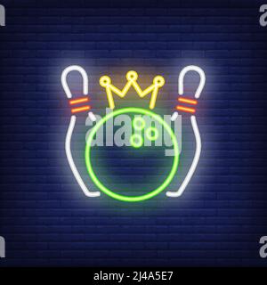 Bowling competition neon sign. Bowling pins and green ball with crown. Night bright advertisement. Vector illustration in neon style for winning and s Stock Vector