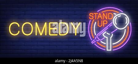 Comedy neon sign. Glowing bar microphone in circle frame on brick background. Night bright advertisement. Vector illustration in neon style for stand Stock Vector