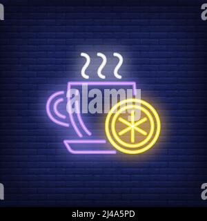 Cup of hot tea with lemon neon sign. Breakfast, morning concept. Advertisement design. Night bright neon sign, colorful billboard, light banner. Vecto Stock Vector
