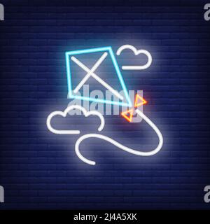 Blue kite flying in clouds neon sign. Kite with bow and string. Night bright advertisement. Vector illustration in neon style for toy and game Stock Vector