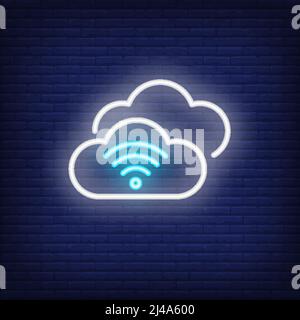 Cloud computing neon sign. Wifi, communication, technology concept. Advertisement design. Night bright neon sign, colorful billboard, light banner. Ve Stock Vector