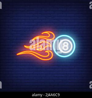 Firing billiard ball neon sign. Eight-ball with flames behind. Night bright advertisement. Vector illustration in neon style for game and competition Stock Vector