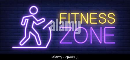 Fitness zone neon sign. Glowing bar lettering with man on treadmill on brick background. Night bright advertisement. Vector illustration in neon style Stock Vector