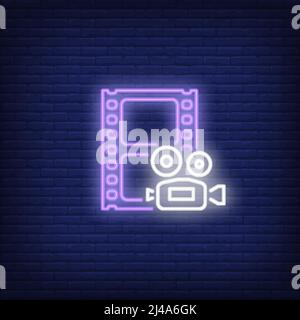 Footage neon sign. Luminous signboard with camera and filmstrip. Night bright advertisement. Vector illustration in neon style for filmmaking, bloggin Stock Vector