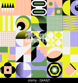 Neon colored abstract vector pattern artwork made with various geometric shapes and elements. Digital graphics design for poster, cover, art, presenta Stock Vector