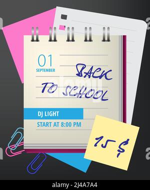 Back to school lettering with notebook and paper clips. Invitation design. Handwritten text, calligraphy. For leaflets, brochures, invitations, poster Stock Vector
