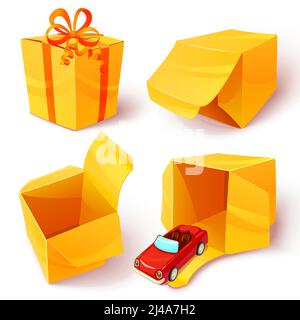 Cartoon boxes open closed icon set with yellow boxes and gift inside vector illustration Stock Vector