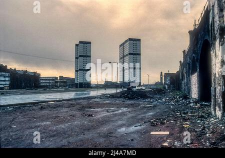 The Sandiefield Road tower blocks in the Hutchesontown area of the Gorbals in Glasgow stood 69m tall and contained almost 400 flats over 24 storeys. They were completed in 1971 as part of the Area E estate of the Gorbals Comprehensive Development Area. The blocks were demolished in their turn by a controlled explosion on 21 July 2013 to make way for a new health centre, social housing and office accommodation. Stock Photo