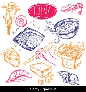 Chinese oriental cuisine elements set in hand drawn sketch style with various dishes and ripe products vector illustration Stock Vector