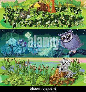 Cartoon animals banners set with hedgehog in strawberry owl under moon raccoon in reeds isolated vector illustration Stock Vector