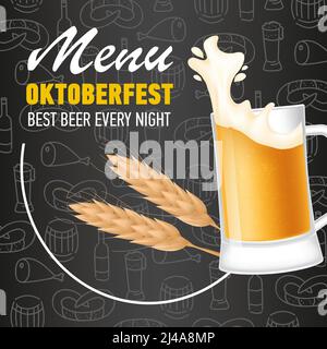 Menu, Oktoberfest lettering and mug of beer with foam. Holiday, celebration or offer design. Handwritten and typed text, calligraphy. For brochures, i Stock Vector