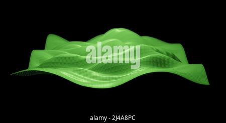 Floating green wireframe waveform object and abstract visualization of sound waves with selective focus Stock Photo