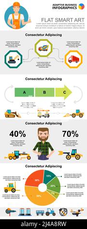 Construction and management concept infographic charts set. Business process and pie charts for presentation slide templates. For corporate report, ad Stock Vector