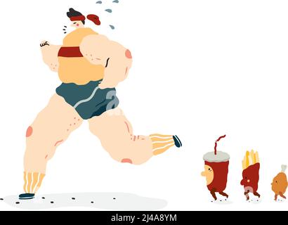 Hand drawn vector illustration of fast food characters walk follow fat people running. Soda drink, french fries paper box and fried chicken in cartoon Stock Vector