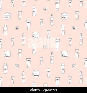 Set of skin care pattern with cream, lotion, gel, toner, spray, mask, moisturizer. Packaging pot on pink background. Hand drawn vector illustration. Stock Vector