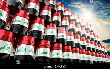 Oil barrels with flag of Iraq - 3D illustration Stock Photo