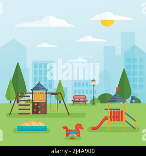 Childrens playground at park with swing slide and sandbox on green grass cityscape in background vector illustration Stock Vector