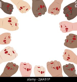 Hand drawn vector illustration of woman hands clenched fist with blank space for text on white background. Empty space inside border frame. Stock Vector