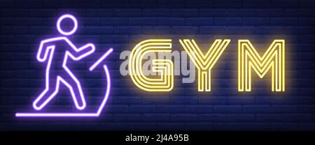 Gym neon sign. Glowing bar lettering with man on treadmill on brick background. Night bright advertisement. Vector illustration in neon style for gym Stock Vector