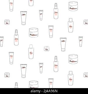 Set of skin care pattern. Hand drawn vector illustration. White plastic cosmetic jar Stock Vector