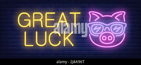 Great luck neon text with pig in glasses. Gambling, New Year day and Christmas design. Night bright neon sign, colorful billboard, light banner. Vecto Stock Vector