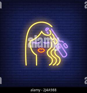 Hair curler curling woman hair neon sign. Hairdressing salon, style and fashion concept. Advertisement design. Night bright colorful billboard, light Stock Vector