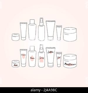 Set of blank template skin care hand drawn vector illustration with cream, lotion, gel, toner, spray, mask, moisturizer. Packaging pot. Stock Vector
