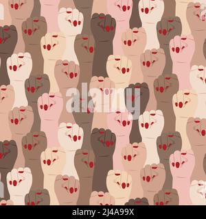 Hand drawn vector illustration of woman hands with raised up clenched fist pattern. Girl power. Female revolution. Stock Vector
