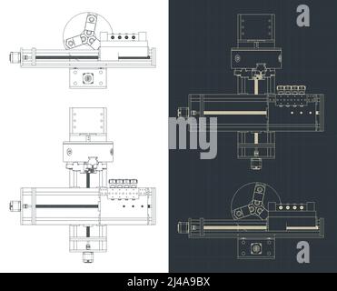 Stylized vector illustration of blueprints of CNC lathe machine Stock Vector