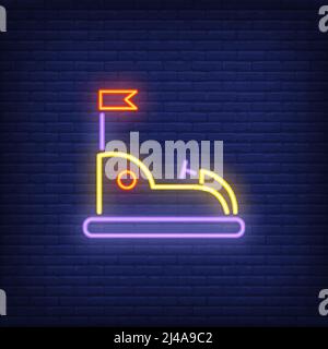 Go kart in amusement park neon sign. Open car with flag on dark wall. Night bright advertisement. Vector illustration in neon style for entertainment Stock Vector