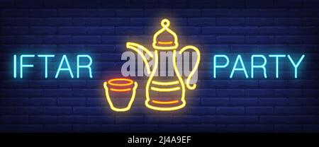 Iftar party neon sign. Glowing lettering and oriental tea pot and cup on brick background. Night bright advertisement. Vector illustration in neon sty Stock Vector