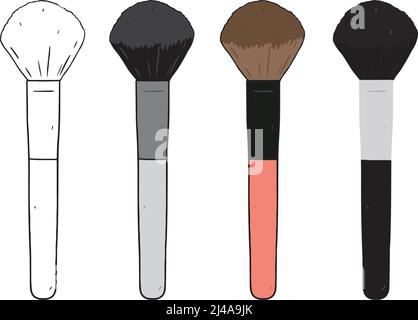 Hand drawn vector illustration of blush brush isolated on white background. Powder brush set in outline, grayscale, color style. Stock Vector