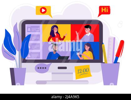 Video conference People on computer screen taking with colleague. Videoconferencing and online meeting workspace vector vector illustration concept Stock Vector