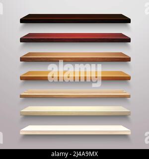 Realistic 3d multicolored retail store wooden shelves set isolated vector illustration Stock Vector