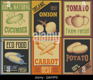 Six colorful retro style vertical cards set with vegetable symbols and advertising captions flat vector illustration Stock Vector