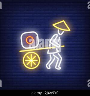 Japanese man with sushi on cart neon sign. Japanese food delivery, restaurant. Advertisement design. Night bright neon sign, colorful billboard, light Stock Vector