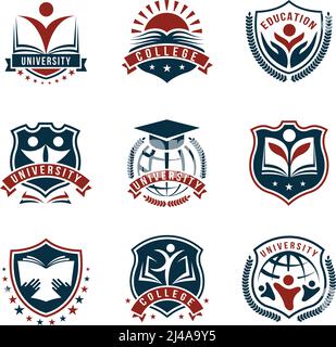 Flat isolated emblems set for college and university with academic knoweledge symbols painted red and blue vector illustration Stock Vector